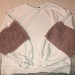 Shein White Pullover with Faux Fur Arms